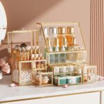Clear Makeup Organizer with Gold Frame – Countertop Vanity Organizer for Skincare, Lipsticks, Perfume & Brushes – Bathroom Cosmetic Storage Display Box - Image 2
