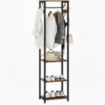 Coat Rack With Hanging Rod, Garment Rack With 3 Wooden Shelves and 4 Hooks, Freestanding Hall Tree, Industrial Clothes Rack Stand Organizer, Rustic Brown and Black - Image 2