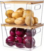 Criusia 2 Set Pantry Organizers and Storage with Bamboo Lids, Stackable Clear Bins for Onion, Potato, Fruit, Vegetables, Trash Bag Dispenser, Kitchen and Under Sink Organizer - Image 2