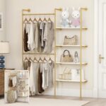 DABILONGC Industrial Pipe Clothing Rack, Heavy Duty Adjustable Garment Hanger with Shelves, 2 Installation Methods Closet Storage System for Wardrobe Organization (Gold, 80" H x 55" W) - Image 2