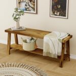 Delywh Solid Wood 43'' Farmhouse Entryway Bench with Shoe Storage, Rustic Wooden Bench for Bedroom End of Bed, Hallway, Front Door, Living Room, Dining Kitchen, Decorative Indoor Bench, Brown - Image 2