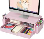 Desk Organizer and Accessories, 2-Tier Computer Monitor Stand Rise with Storage Drawer & 2 Pen Holders, Laptop & Printer Stand for Desktop, Workspace Organizers for Office Supplies (Pink) - Image 2