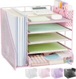 Desk Organizer with Drawer and Pen Holder, 5-Tier Paper Letter Tray Organizer with File Holder, Suitable for Workspace Organizer Office Supplies Storage (Pink) - Image 2