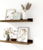 Floating Shelves for Wall Decor, Wall Mounted Wood Storage Shelf for Bedroom, Living Room, Bathroom, Kitchen, Nursery, Display Picture Ledge Shelf with Lip Set of 2-14 Inches, Walnut - Image 2