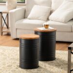 Glitzhome Rustic End Table Set of 2, Farmhouse Galvanized Metal Barrel Ottoman Storage Stool with Round Wood Lid for Living Room Furniture, Black - Image 2