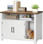 HOOBRO Cat Litter Box Enclosure, Farmhouse Hidden Litter Box with Scratch Pad, Litter Box Furniture with Storage Layer, End Side Table,White and Walnut, WH24MW01 - Image 2