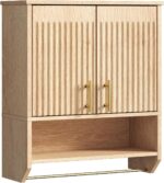 HOOBRO Fluted Bathroom Wall Cabinet, Farmhouse Medicine Cabinet with 2 Fluted Doors, Wall Storage Shelf with Towel Rack, Adjustable Shelf, for Small Spaces, Bathroom, Kitchen, Natural - Image 2