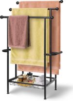 Haturi Free Standing Towel Rack for Bathroom, 39" Black 3-Tier Rust-Resistant Outdoor Towel Drying Rack for Pool, Metal Blanket Rack Holder with Storage Basket for Oversized Bath Towels - Image 2