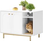 Hzuaneri Cat Litter Box Enclosure Enclosed, Hidden Litter Box Cabinet Furniture with Storage, Wooden Indoor Cat House Large, Modern End Table for Living Room Entryway, White and Gold 01503GCLB - Image 2