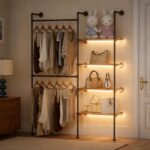 Industrial Pipe Clothes Racks with LED Lights& Shelves, Heavy Duty Adjustable Garment Hanger with Shelves, 2 Installation Methods Closet Storage System for Wardrobe Organization - Image 2
