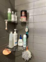 JiePai Acrylic Corner Shower Caddy Shelf with Hooks 2 Pack, Adhesive Wall Mounted Bathroom Shower Organizer for Inside Shower & Kitchen Storage, Space-Saving Design - Image 2