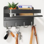 Key Holder Wall Mount Mail Holder for Wall with Shelf Includes Key Hook and Wallet Holder Hanging Key Rack with Sunglasses Storage Decorative with 8 Hooks(Black) - Image 2