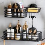 LEVERLOC Shower Caddy Suction Cup, 2 Pack Shower Shelves for Inside Shower with Hooks & Soap Holder, NO-Drilling Bathroom Shower Organizer, Rustproof Meatl Shower Holder Storage, Black - Image 2