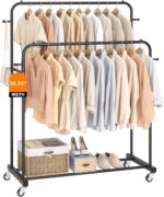 Laiensia Double Rods Garment Rack with Wheels, Clothing Rack for Hanging Clothes,4 Hooks, Multi-functional Bedroom Clothes Rack, Black - Image 2