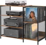 Large Record Player Stand Table with Vinyl Record Holder Up to 150PCS, AV Media Stand Stereo Cabinet Shelf Rack Tower with Storage, Sturdy, Adjustable Feet, Rustic, Large Capacity - Image 2