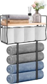 Livabber Towel Racks for Bathroom, Metal Towel Storage Holder for Roll Towels, Wall Mounted Towel Organizer with Storage Basket and Wooden Shelf for Small Spaces (Black) - Image 2