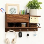 Magnetic Mail and Key Holder for Wall Fridge Wooden Mail Organizer with 4 Key Hooks Multi Functional Rack Farmhouse Style Burnt Brown for Entryway Hallway Bedroom Refrigerator - Image 2