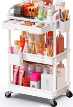 Makeup Cart Organizer with Drawers, Floor Skincare Organizers Vanity Storage Organizer, Rolling Makeup Bathroom Storage Cart Cosmetics Display Cases for Skin Care Perfume Nail Polish, White - Image 2