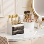 Makeup Organizer for Vanity with 2 Drawers,Countertop Rotating Makeup Brush Holder,Bathroom Organizer Holder,Cosmetic Display Case for Lipstick,Beauty,Skincare Organizer (White) - Image 2