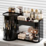 Makeup Organizer with Rotating Brush Holder Cosmetic Organizer with Drawers Countertop Skincare Organizer for Vanity,Cosmetic Display Case Storage (Black, Large) - Image 2