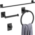 Matte Black Bathroom Accessories Set, KLJKPA 4 Pieces Bathroom Hardware Set, 24 inch Towel Bar, Towel Racks for Bathroom, Robe Towel Hooks, Toilet Paper Holder Wall Mounted - Image 2