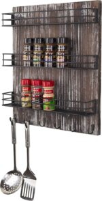 MyGift 3 Tier Spice Rack Wall Mount with 6 Hooks, Seasoning Jars and Hanging Cooking Utensil Rack, Black Metal Wire Kitchen Organizer Torched Wood - Image 2