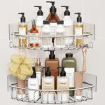 Orimade Corner Shower Caddy Stainless Steel with Hooks Wall Mounted Bathroom Shelf Storage Organizer Adhesive No Drilling 2 Pack, Silver Only for 90-Degree Corner - Image 2