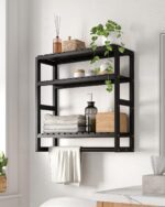 Over The Toilet Storage Bathroom Shelves Wall Mounted 3 Tier Space Saver Corner Shelf Organizer Bamboo Towel Rack Toilet Paper Cabinet with Hanging Rod Black - Image 2
