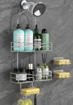 Over the Shower Head Caddy - 2-Tier Shower Caddy Hanging with 2 Movable Soap Holder, Stainless Steel Hanging Bath Organizer with High Guardrail for Bathroom, Silver - Image 2