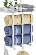 Ovicar Towel Racks for Bathroom - Wall Mounted Towel Rack with Metal Shelf & 3 Hooks, 3 Bars Wall Towel Holder for Small Bathroom, Bath Towel Storage for Rolled Towels Organizer (White) - Image 2