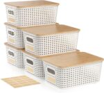Plastic Storage Bins with Bamboo Lid - Stackable Pantry Storage Organizer with Lid - Storage Basket with Lable for Organizing: Small Storage Box for Shelves Cabinet Office Drawer Desktop 10x7x4in 6Pcs - Image 2