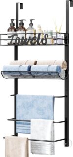 SWTYMIKI Over The Door Towel Racks for Bathroom - 5-Tier Wall Mounted Bathroom Towel Storage Organizer Holder with Metal Shelf, Black - Image 2
