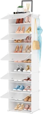 Shoe Rack 10 Tier Shoe Storage Cabinet with Door 20 Pair Tall Shoes Rack Organizer Free Standing Expandable Stable Plastic Easy Assembly Shoes Shelf for Closet Hallway Entryway Bedroom White - Image 2