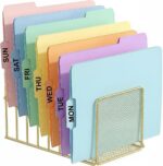 Simmer Stone Gold Desk Organizer 7 Slot Inclined Vertical File Folder Holder Sorter with Mesh Front Metal Wire Rack for Mail, Slim Binders, Books Office Organization Desktop Accessories - Image 2