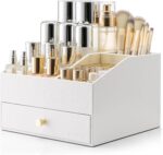 Vlando Makeup Organzier,Vanity Organizer with Drawers, PU Leather Skincare Organizer Perfume Organizer,Large Cosmetic Display Case for Lipstick,Brushes Gifts for Women-White - Image 2
