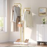 YATINEY Gold Coat Rack, Freestanding Coat Hanger Stand, Entryway Clothes Rack with 8 Hooks and Marble-Look Base, Modern Double-Pole Metal Coat Tree for Entrance, Living Room, Bedroom, YM02DWY1 - Image 2