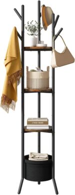 YMYNY Coat Rack, Freestanding Coat Stand with Storage Shelves, Hall Trees with 3 Wooden Shelves and 1 Fabric Basket, Metal Clothes Stand for Hats Bags Hallway Bedroom Rustic Brown UHGR005H - Image 2