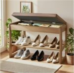 ZHIYUEJING 2-Tier Wood Shoe Bench with Flip-Top Storage Cabinet, 31.5", Entryway Bench with Shoe Storage, Front Door Shoe Rack（Walnut） - Image 2