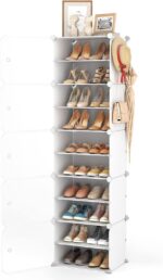 10 Tiers Tall Shoe Rack 20 Pair Shoe Organizer Narrow Shoe Rack with Door Portable Shoe Storage Cabinet with Hooks Sturdy Plastic White Shoe Shelf for Entryway and Bedroom - Image 2