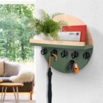 Key and Mail Holder for Wall Decorative, Wooden Boho Key Hanger with Shelf, Unique Two-Tone Circular Design Entryway Key Rack - Brown & Green - Image 5