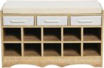 Household Essentials Entryway Storage Bench with 3 Beige Drawers 10 Shoe Compartments and Cushioned Seat in Coastal Oak Rustic Wood Grain - Image 5