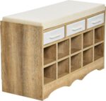 Household Essentials Entryway Storage Bench with 3 Beige Drawers 10 Shoe Compartments and Cushioned Seat in Coastal Oak Rustic Wood Grain - Image 6