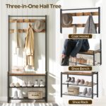 Hall Tree, Coat Rack with Shoe Bench, Entryway Bench with Shoe Storage, Multifunctional Entryway Storage Organizer, Metal Frame and 8 Movable Hooks, for Hallway, Rustic Brown MT01BR - Image 3
