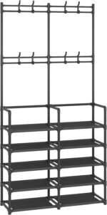 Laiensia 5-Tier Entryway Coat Rack, Coat and Shoe Rack, Entryway Bench Storage Organizer with 8 Hooks for Bedroom, Hallway, Office, Black - Image 5