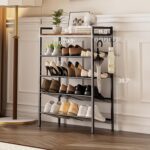 5 Tier Shoe Rack, Shoe Rack for Front Door Entrance with Hook, Shoe Organizer with Adjustable Mesh Shelves, Metal Shoes Rack for Entryway, Closet, Bedroom Living Room Garage - Image 3