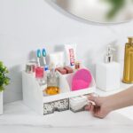 VITVITI Toothbrush Holders for Bathrooms Countertop, 5 Slots Toothpaste Bathroom Counter Sink Organizer with Drawers, Plastic Bathroom Organizer for Vanity/Makeup/Office White - Image 3