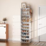 10 Tiers Tall Shoe Rack 20 Pair Shoe Organizer Narrow Shoe Rack with Door Portable Shoe Storage Cabinet with Hooks Sturdy Plastic White Shoe Shelf for Entryway and Bedroom - Image 3