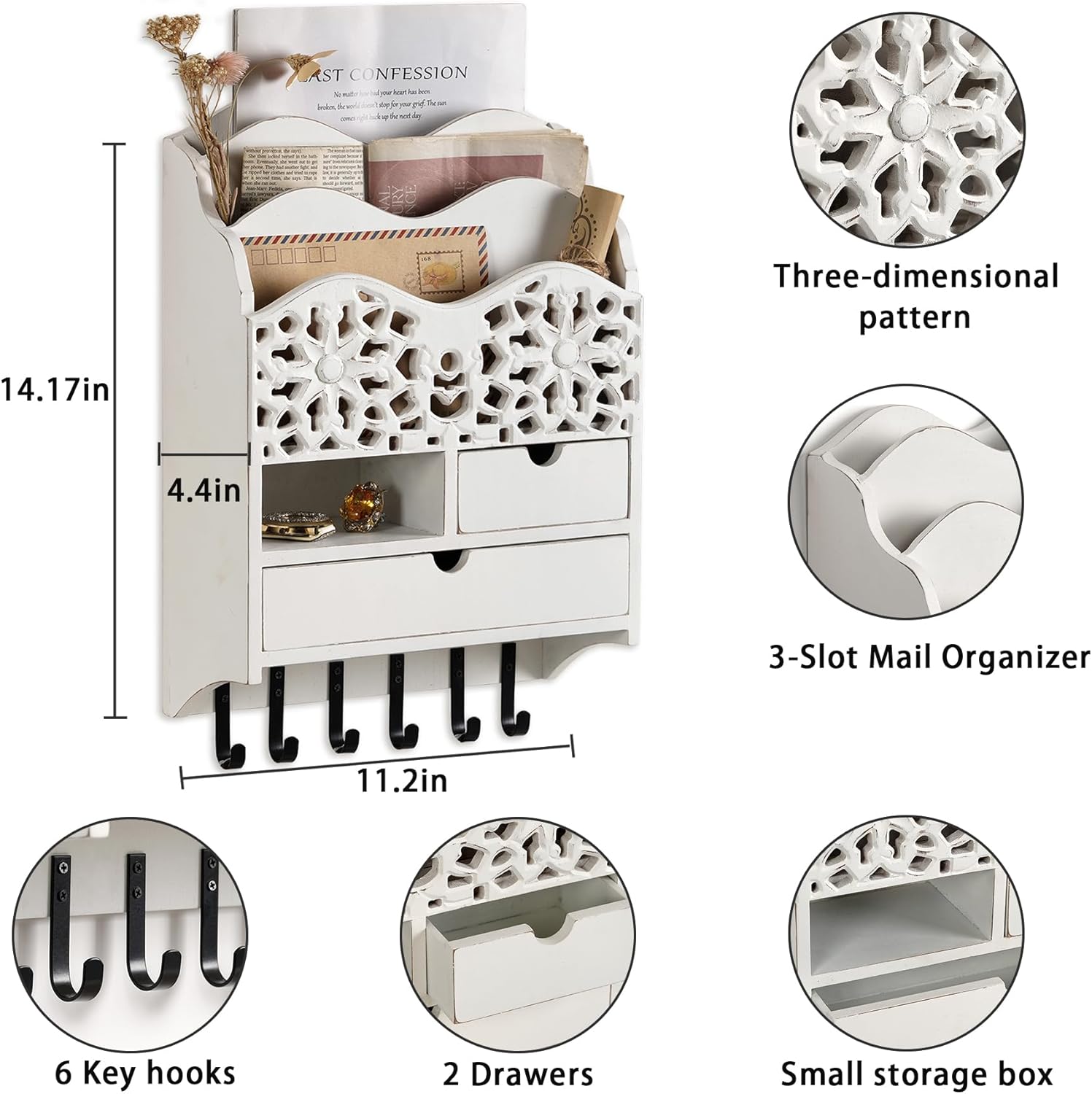3-Slot Mail Sorter Organizer Wall Mount with 6 Hooks, Key Holder for Wall Decorative with 2 Drawer, Key Rack Hanger for Home Coat/Letter/Magazines/Dog Leash/Entryway/Room Decor - Image 4