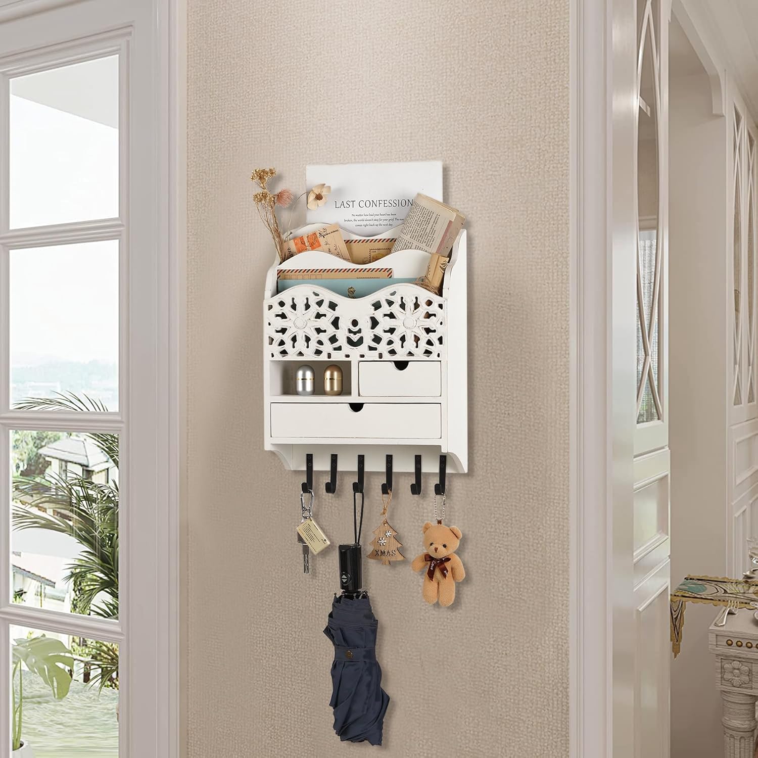 3-Slot Mail Sorter Organizer Wall Mount with 6 Hooks, Key Holder for Wall Decorative with 2 Drawer, Key Rack Hanger for Home Coat/Letter/Magazines/Dog Leash/Entryway/Room Decor - Image 7