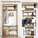 Coat Rack Shoe Bench, 4-in-1 Hall Tree with Storage Shelves and Hanging Rod, Entryway Storage Organizer with 8 Movable Hooks, for Entryway, Hallway, Corridor, Rustic Brown and Black MT12BR - Image 3